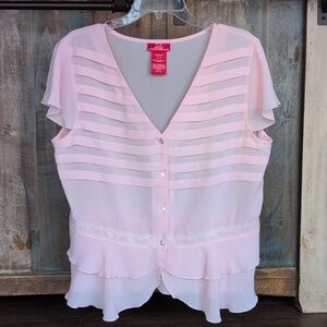 Oscar de la Renta Sheer Pink Ruffled Peplum Blouse Lace Trim - Women's 16